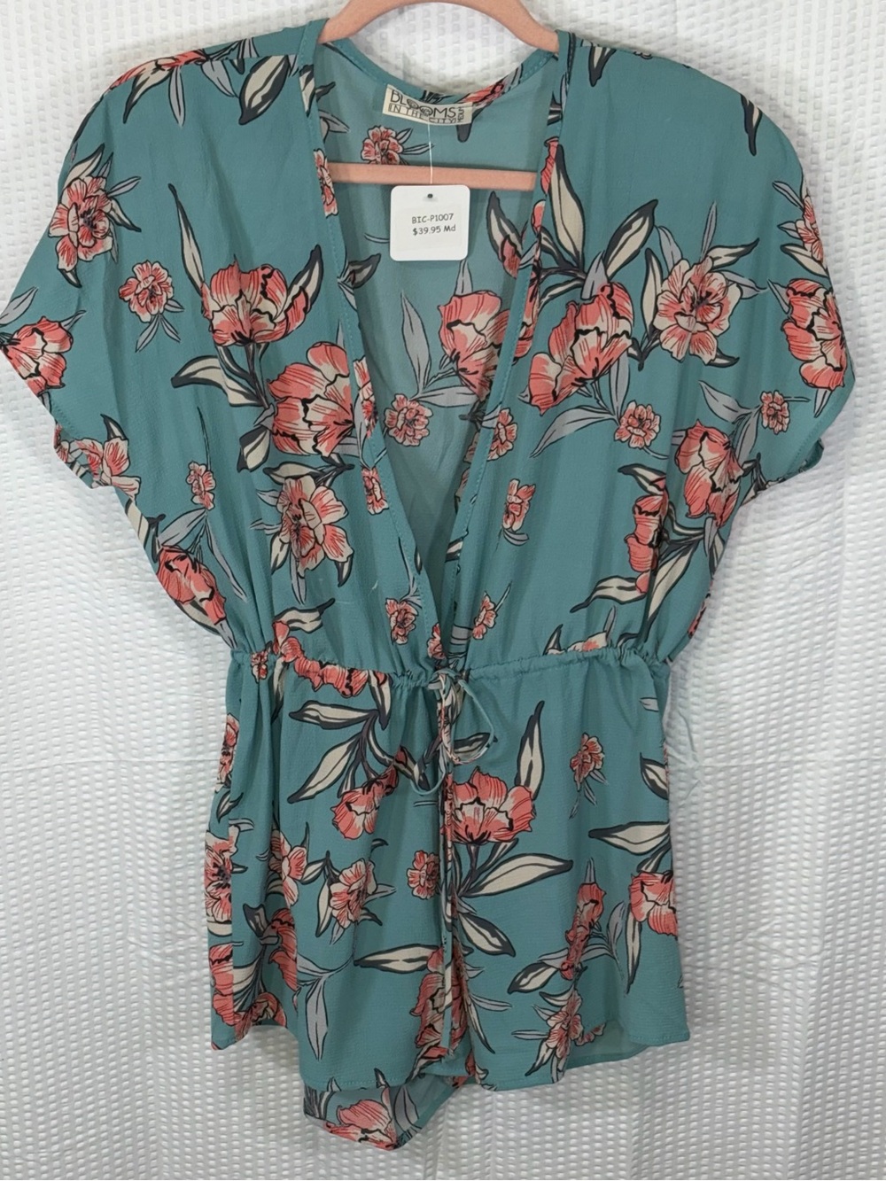Blooms In The City Teal Floral Tie-Waist Shorts Romper with Coral Flowers Size M